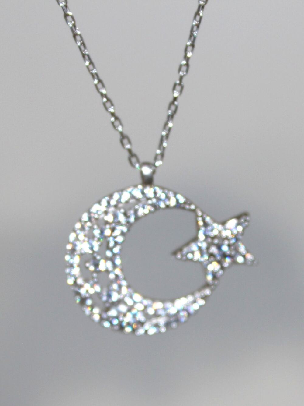 Brilliant Crystal 925 Sterling Silver Moon & Star Necklace Turkish Flag